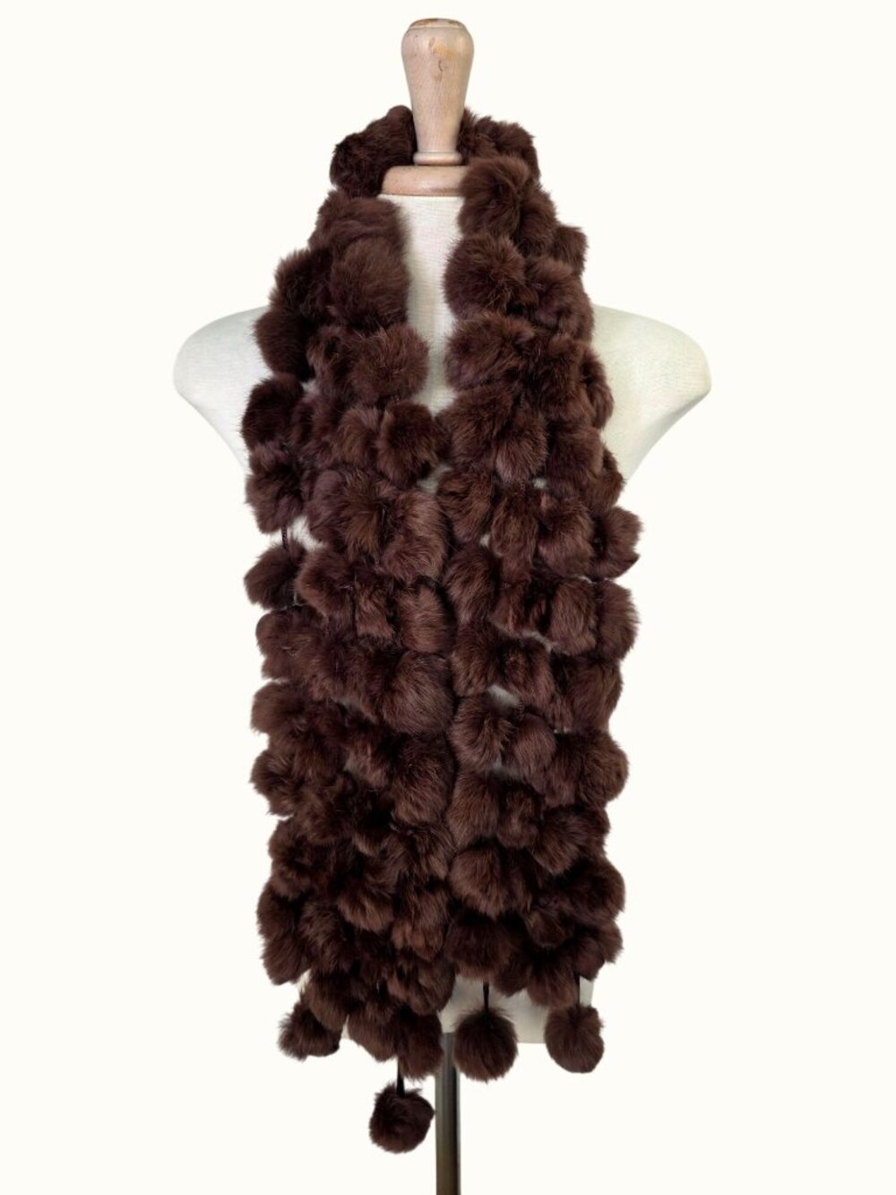 Genuine Rabbit Fur Scarf Brown Pom Pom Statement Wrap 50" Long